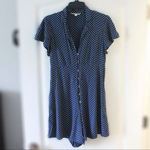 American Eagle Outfitters Medium Navy Polka Dotted Button Up Romper (M)